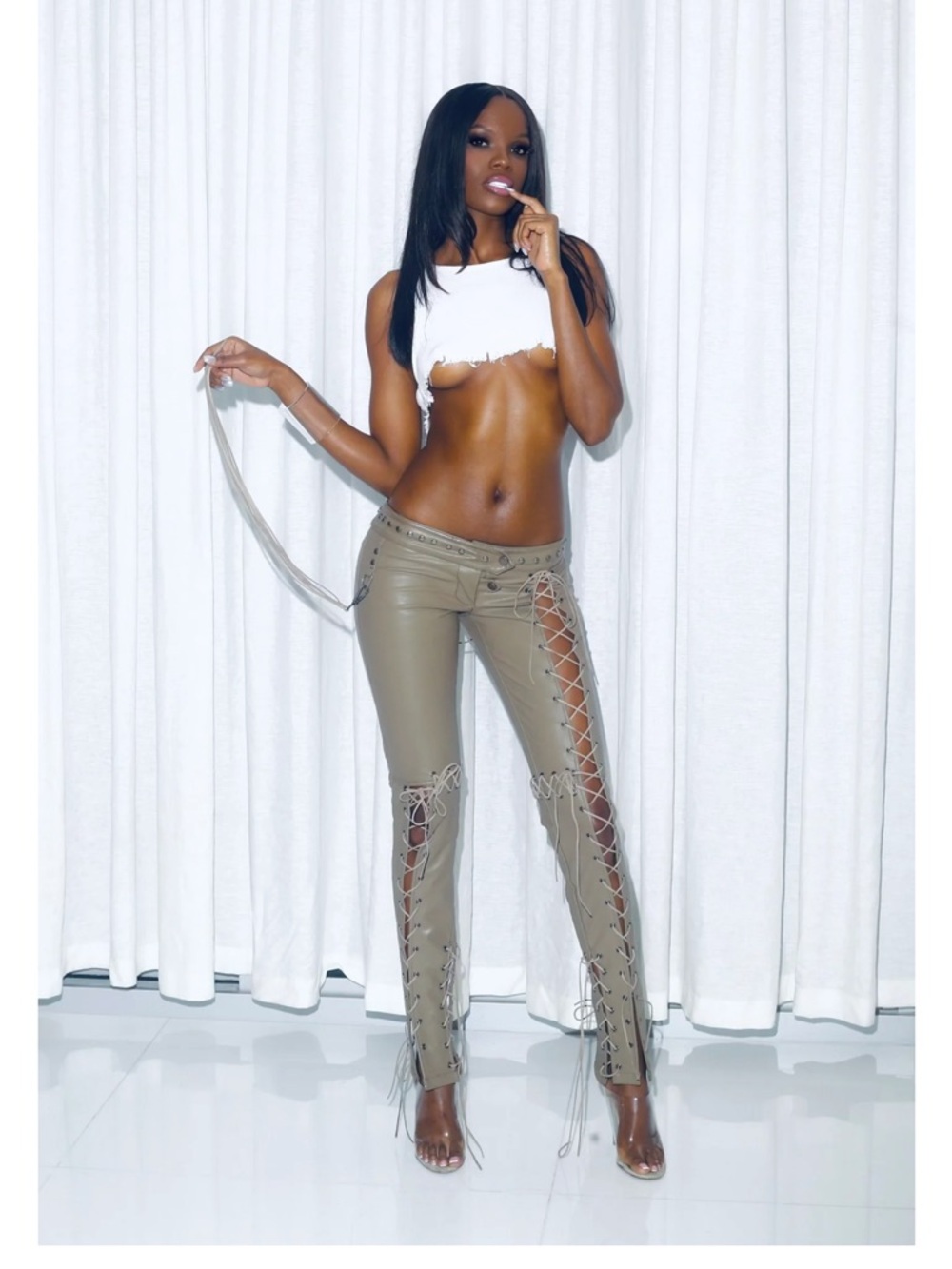 Lace-Up Faux Leather Pants in Olive Taupe